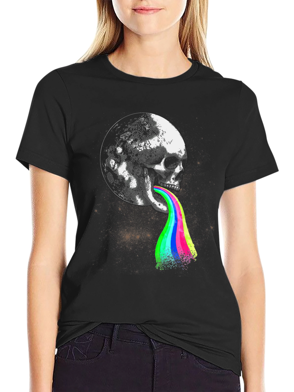 Skull Moon Rainbow Vomit Black T-Shirt