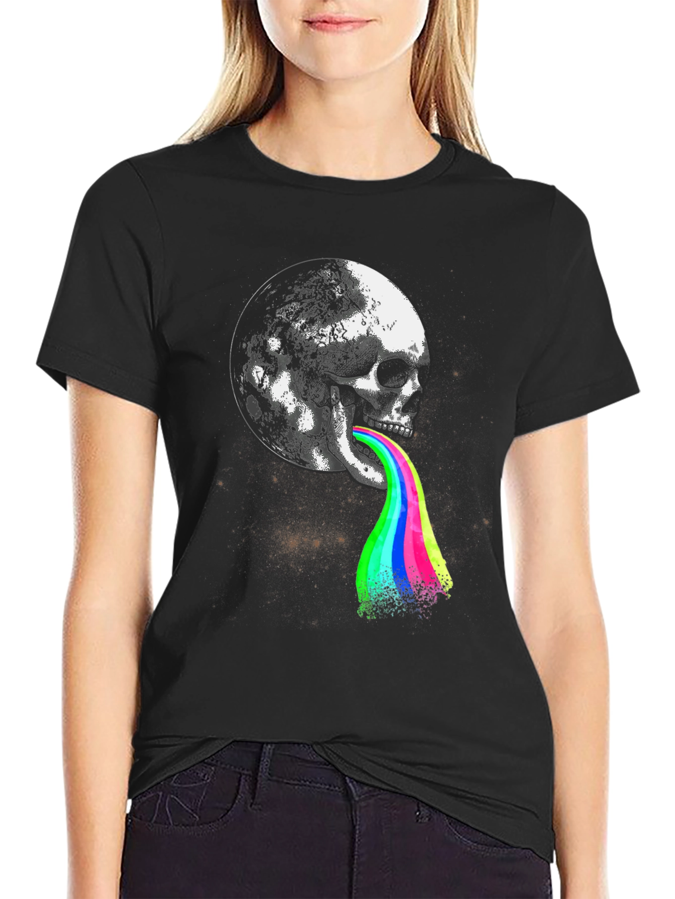 Skull Moon Rainbow Vomit Black T-Shirt