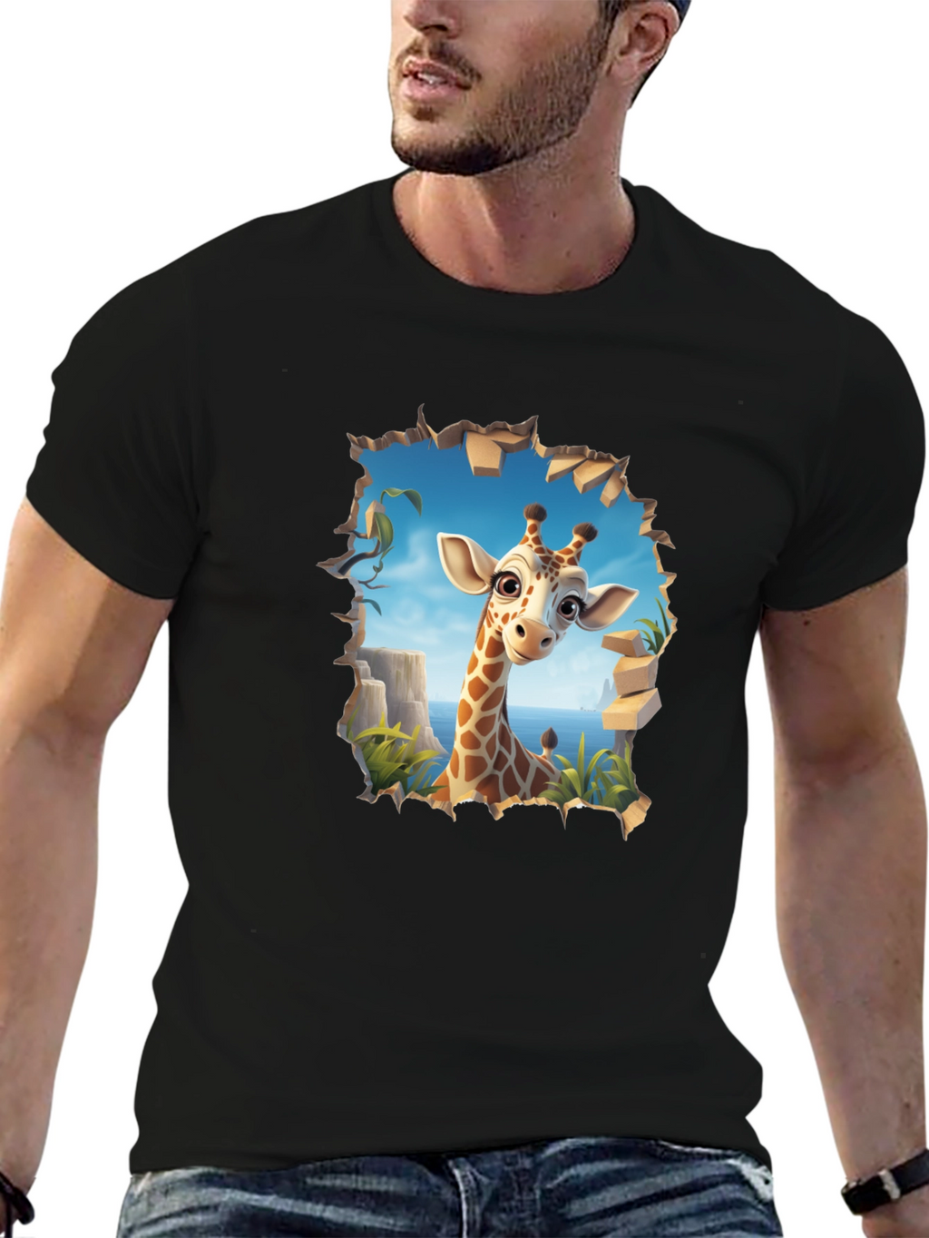 Giraffe Graphic Print Black T-Shirt