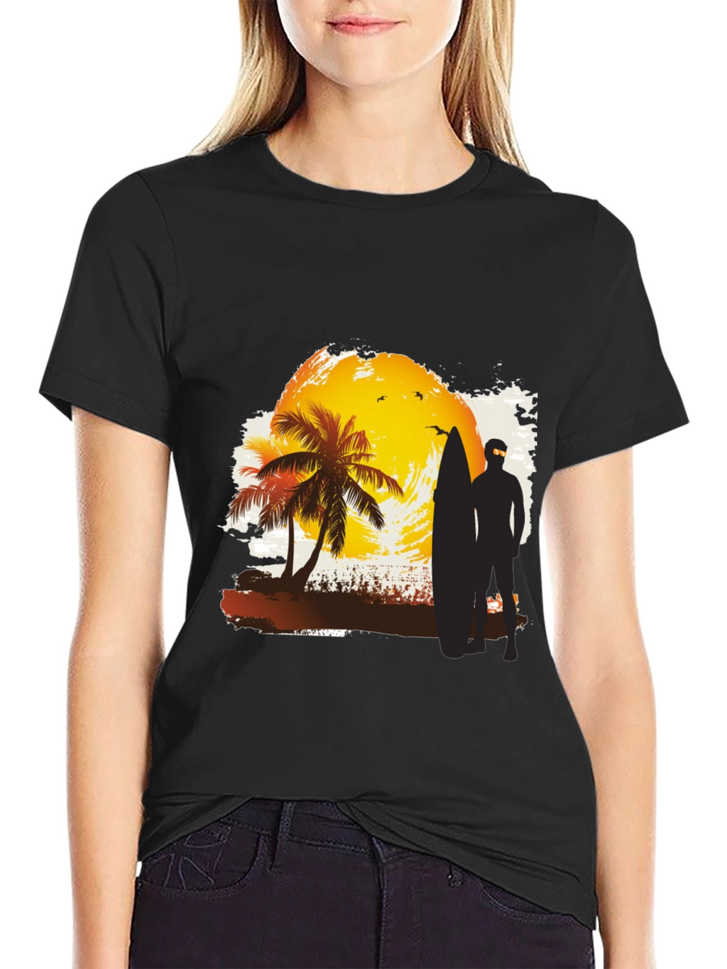 Sunset Surfer Graphic Tee - Black Cotton T-Shirt