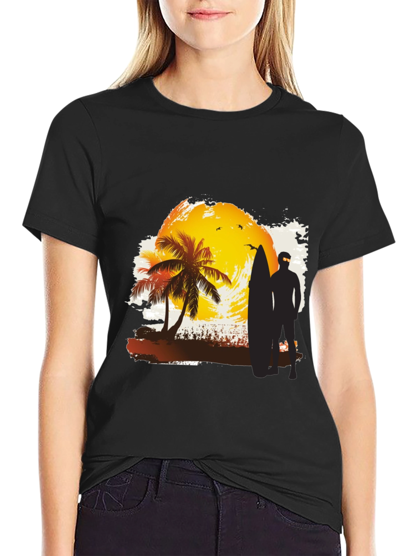 Sunset Surfer Graphic Tee - Black Cotton T-Shirt