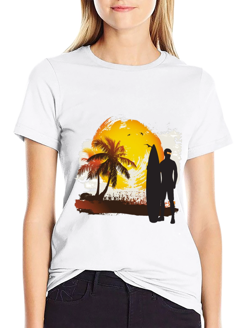 Sunset Surfer Graphic Tee - Black Cotton T-Shirt