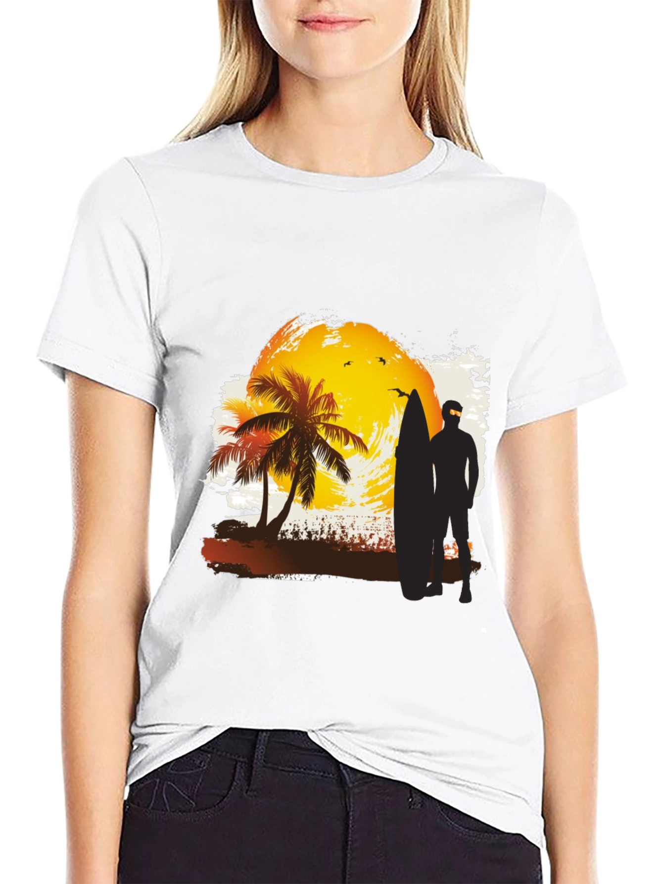 Sunset Surfer Graphic Tee - Black Cotton T-Shirt