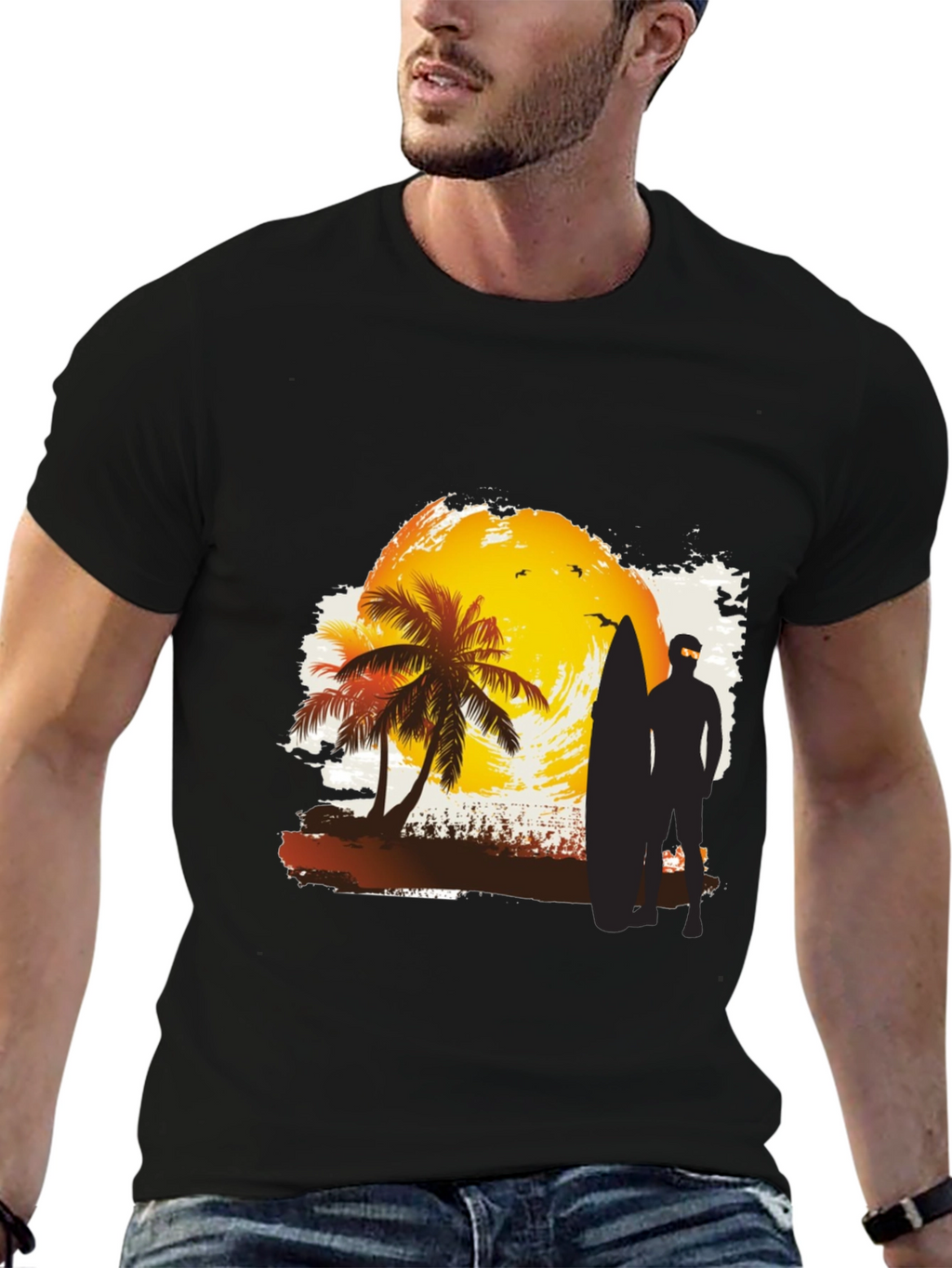 Sunset Surfer Graphic Tee - Black Cotton T-Shirt