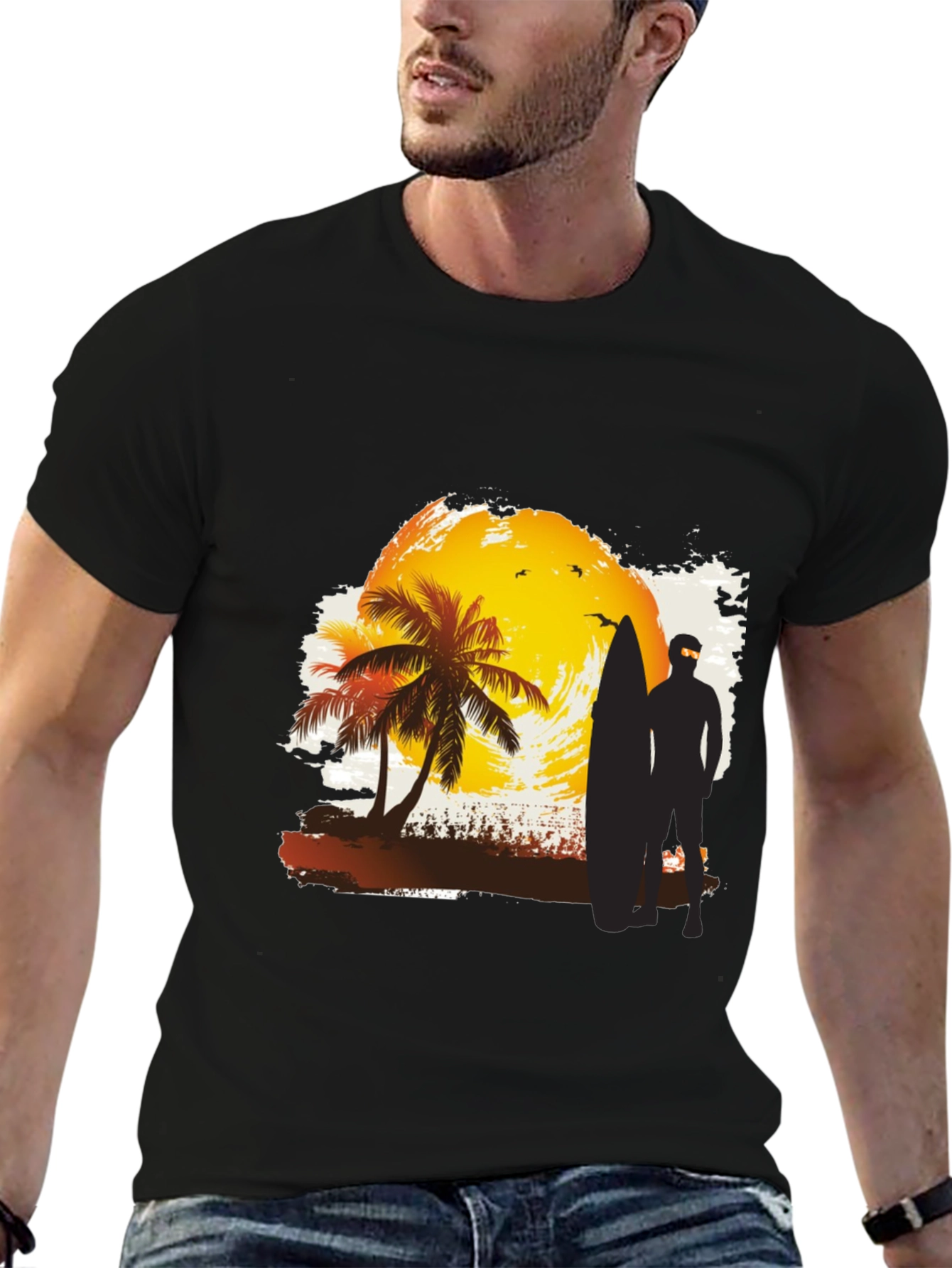 Sunset Surfer Graphic Tee - Black Cotton T-Shirt