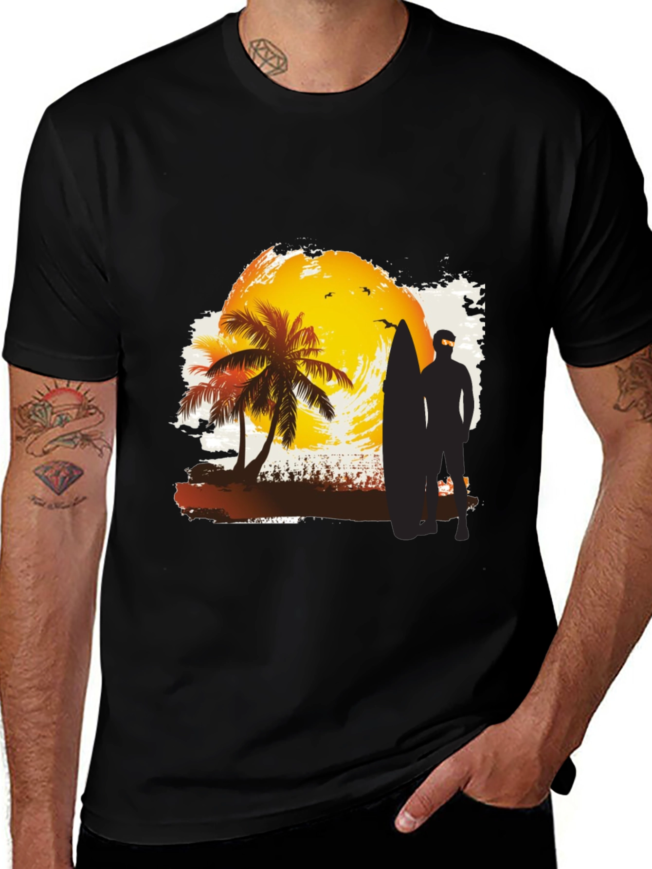 Sunset Surfer Graphic Tee - Black Cotton T-Shirt