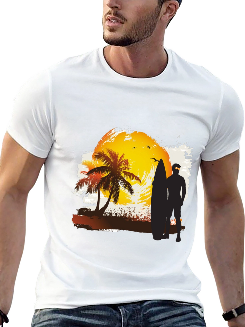 Sunset Surfer Graphic Tee - Black Cotton T-Shirt