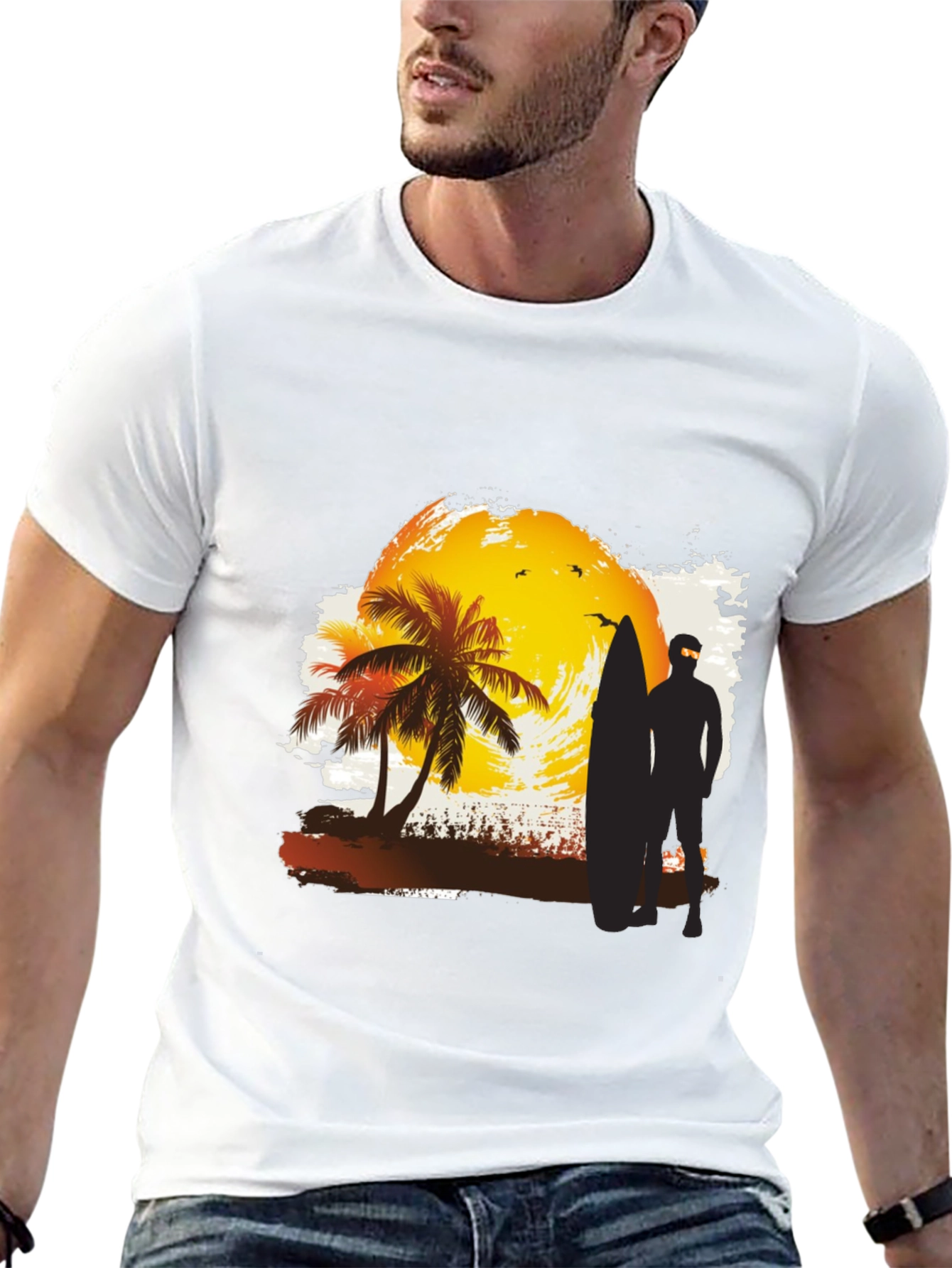 Sunset Surfer Graphic Tee - Black Cotton T-Shirt