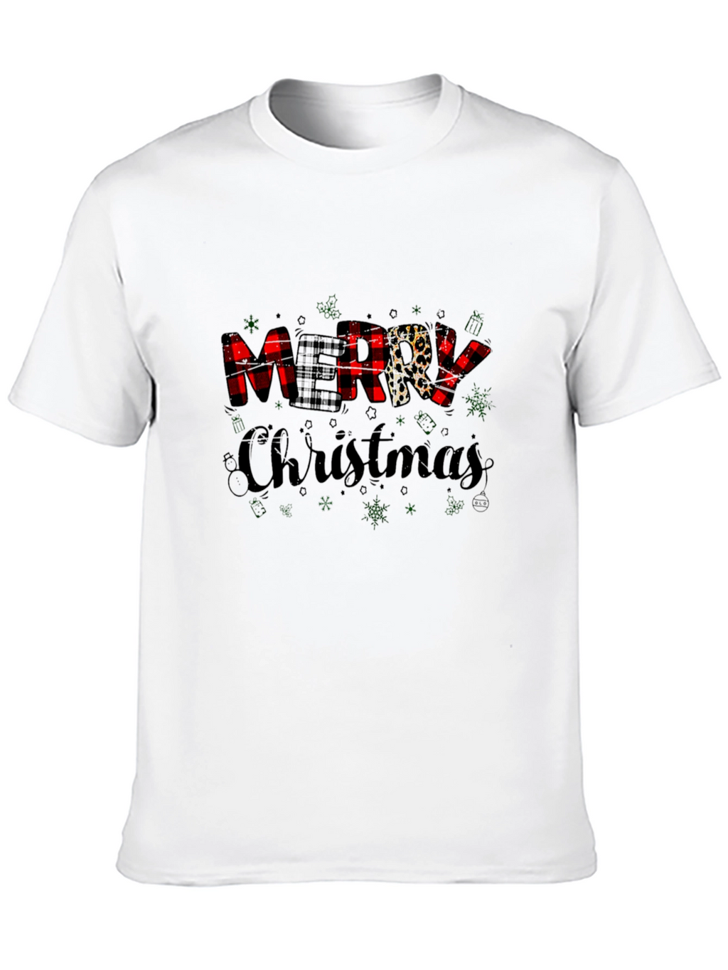 Merry Christmas Buffalo Plaid Leopard Print T-Shirt