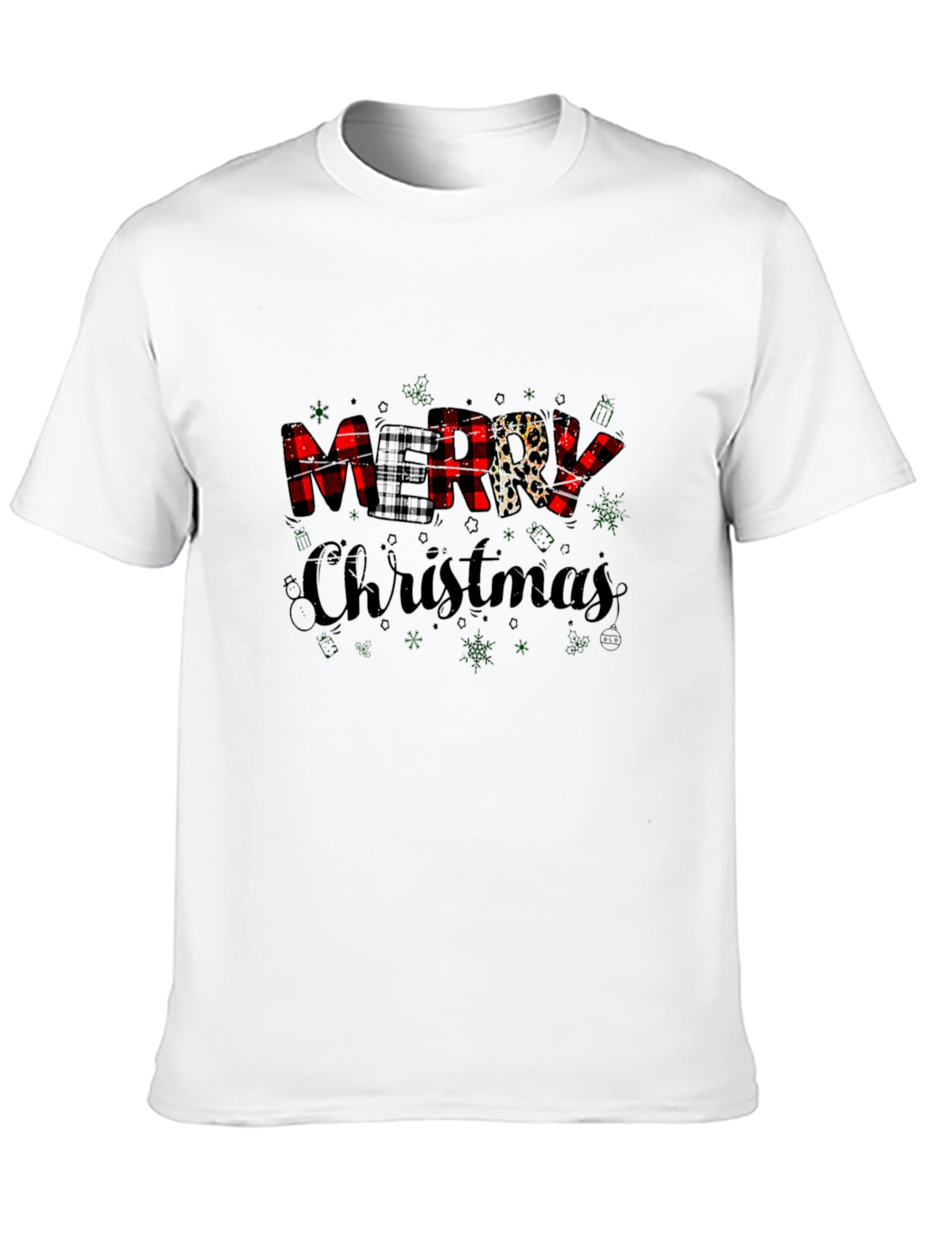Merry Christmas Buffalo Plaid Leopard Print T-Shirt