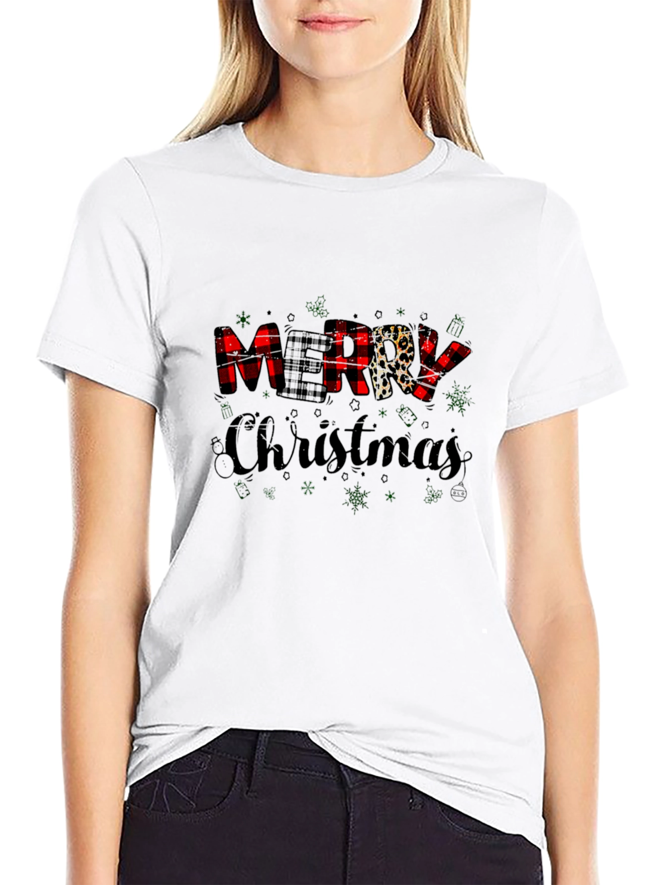 Merry Christmas Buffalo Plaid Leopard Print T-Shirt