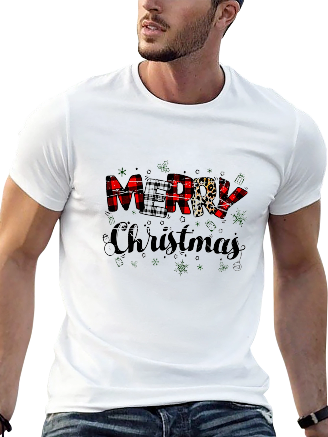 Merry Christmas Buffalo Plaid Leopard Print T-Shirt