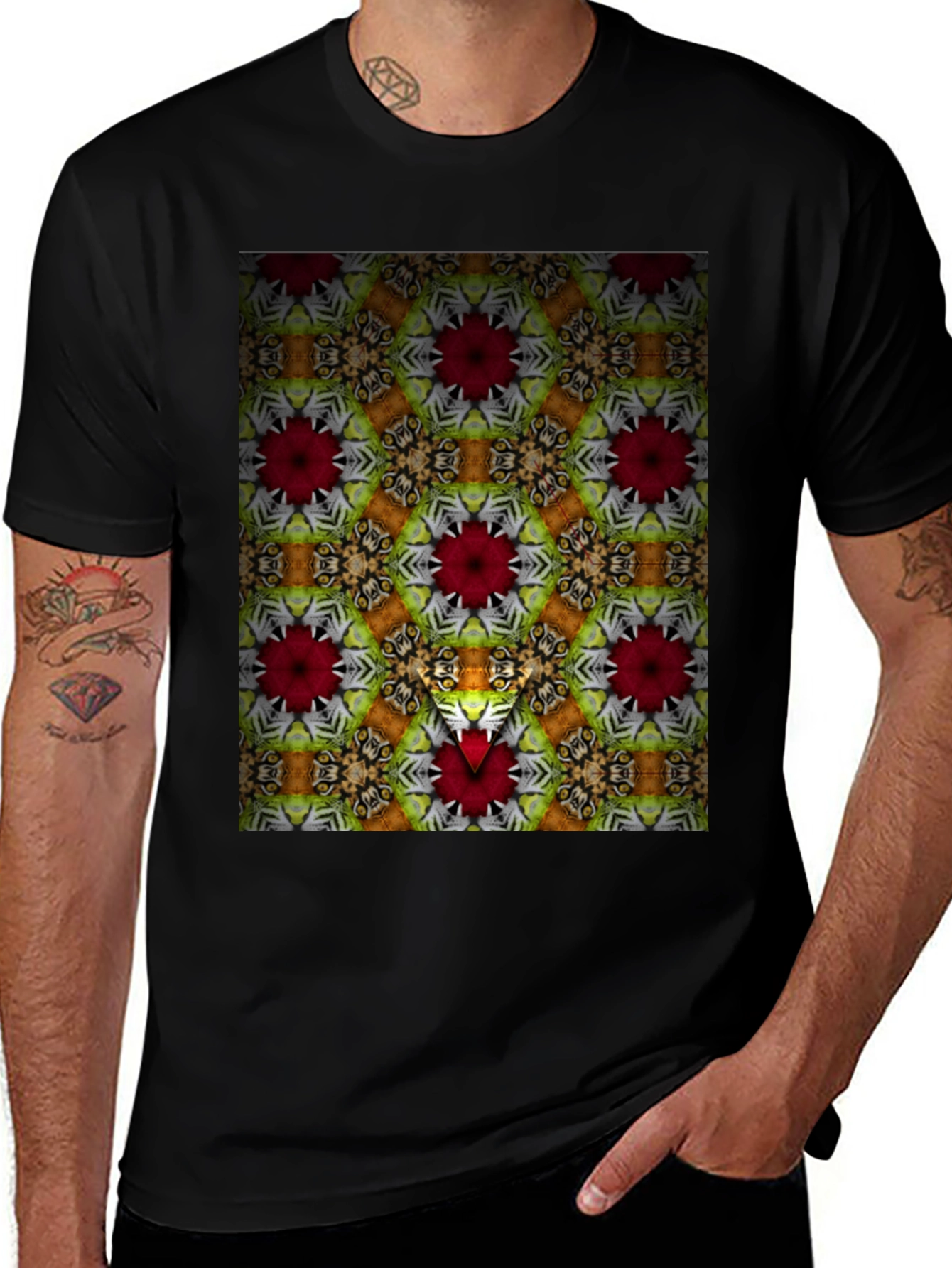 Kaleidoscope Floral Graphic Print Mens Black T-Shirt