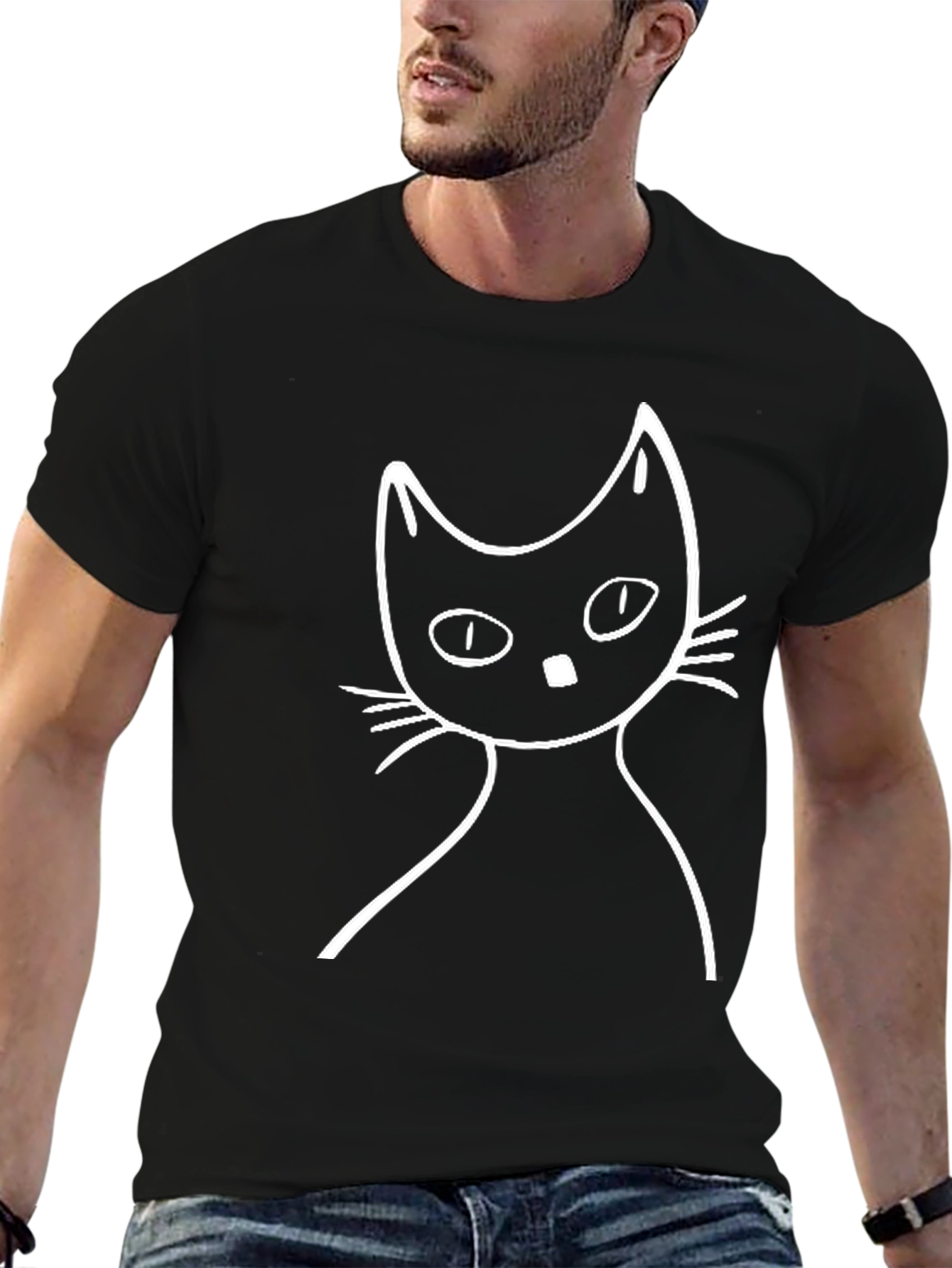 Minimalist Cat Graphic Tee - Black