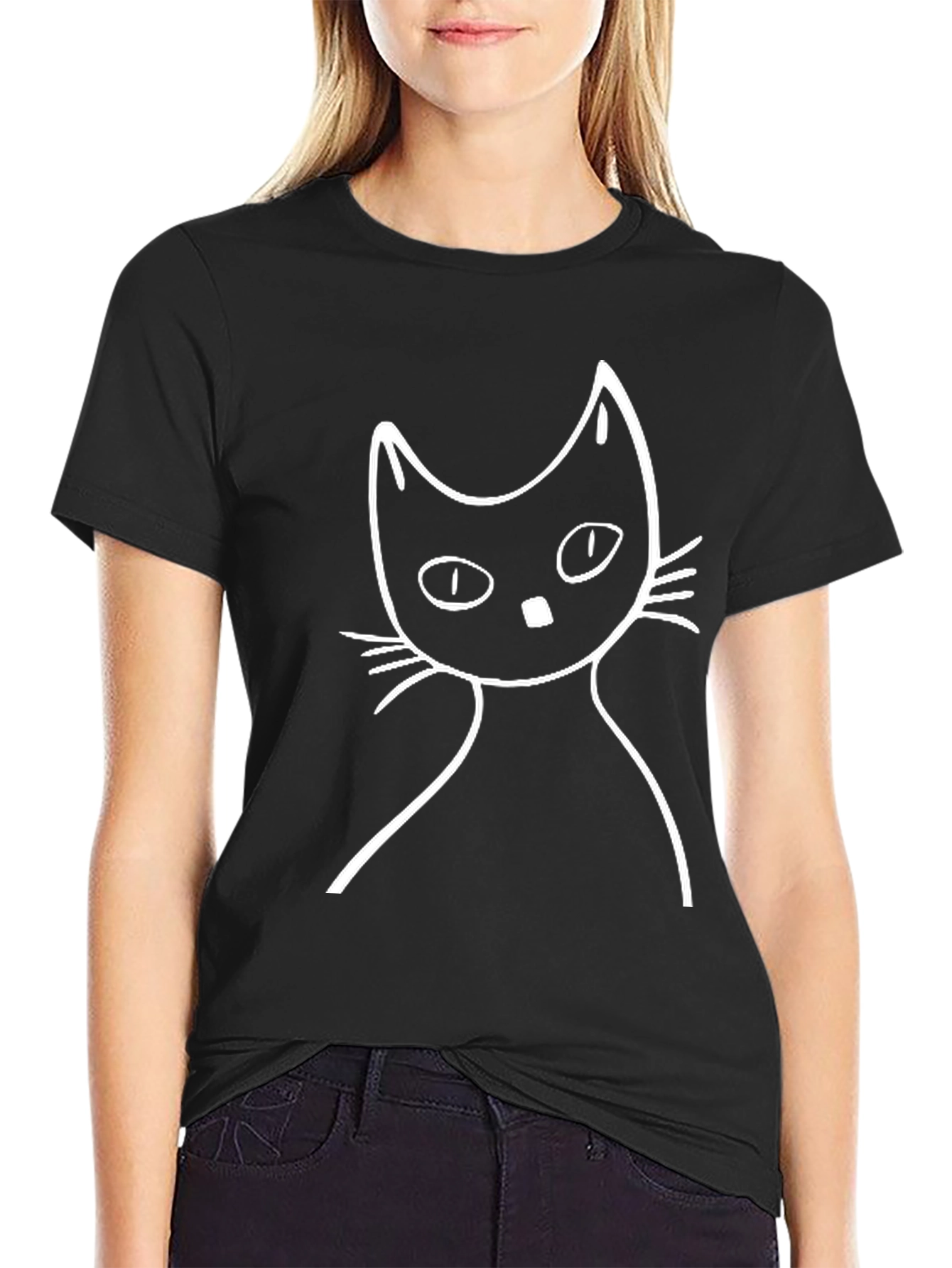Minimalist Cat Graphic Tee - Black