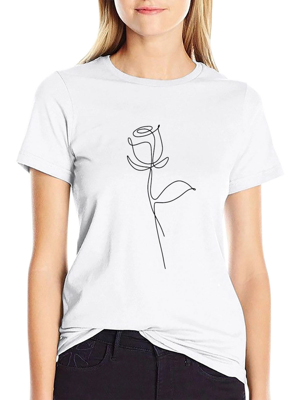 Minimalist Rose Line Art Black T-Shirt