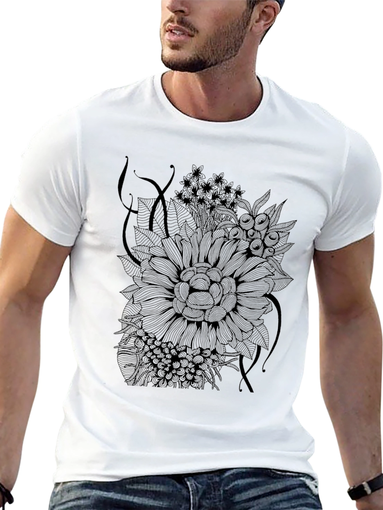 Black Floral Graphic Print Tee - Mens Casual Style