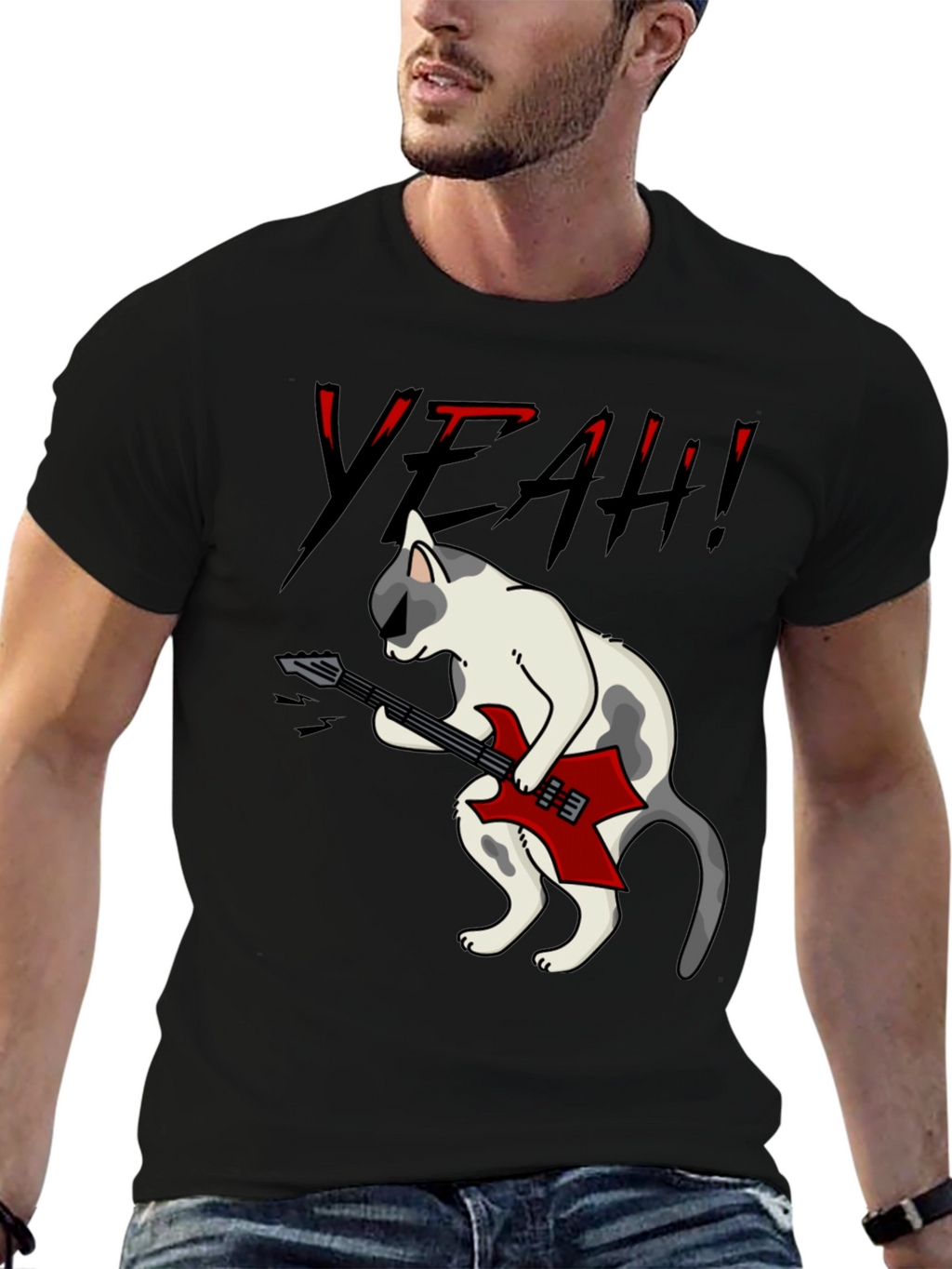 Rock Cat Graphic T-Shirt - Black Cotton Tee
