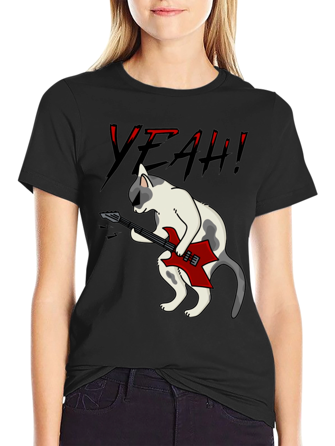 Rock Cat Graphic T-Shirt - Black Cotton Tee