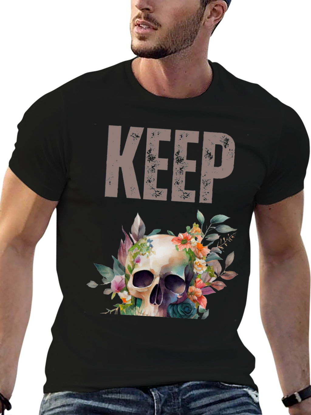 Floral Skull Graphic Tee - Keep Going