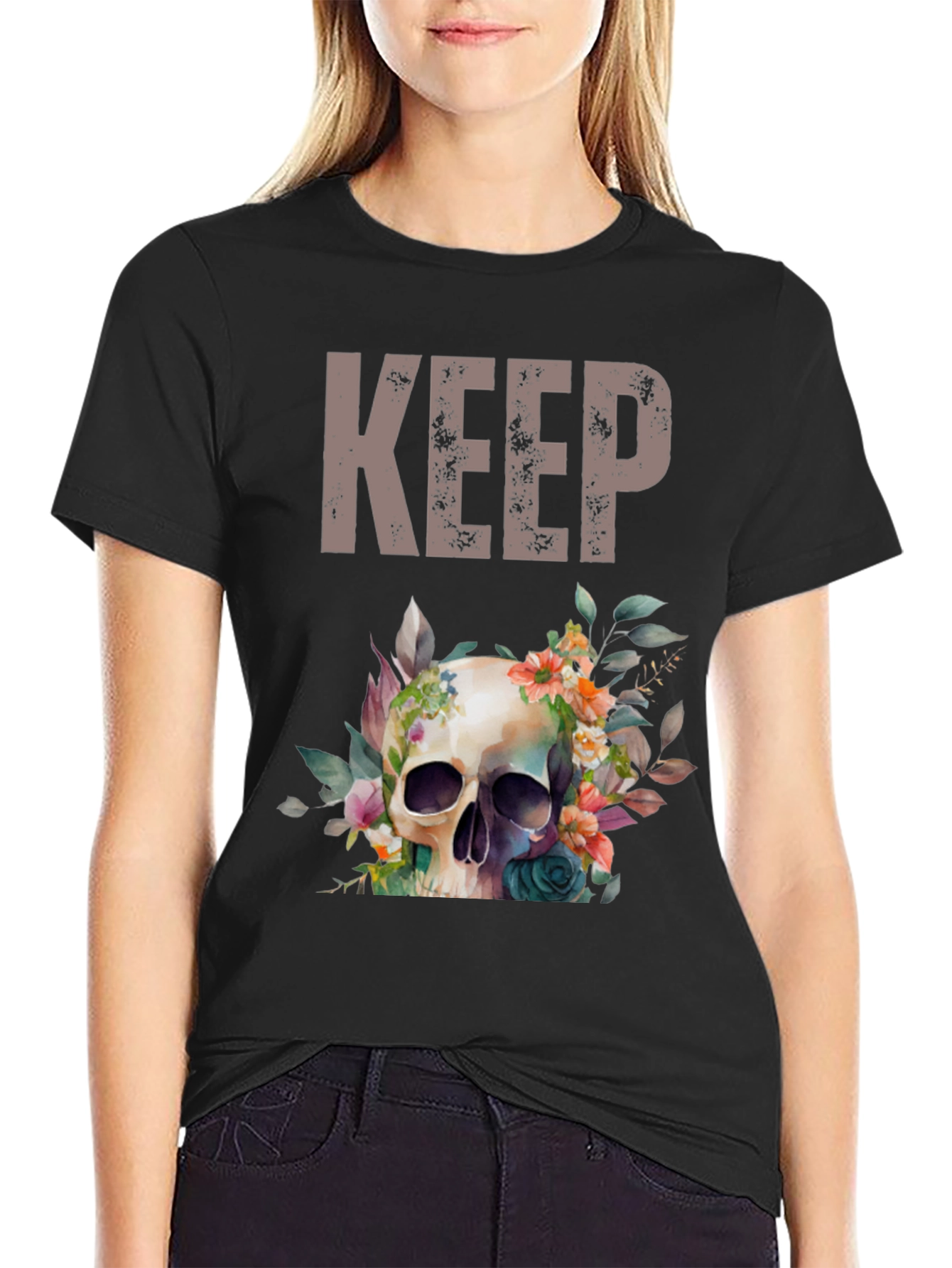 Floral Skull Graphic Tee - Keep Going