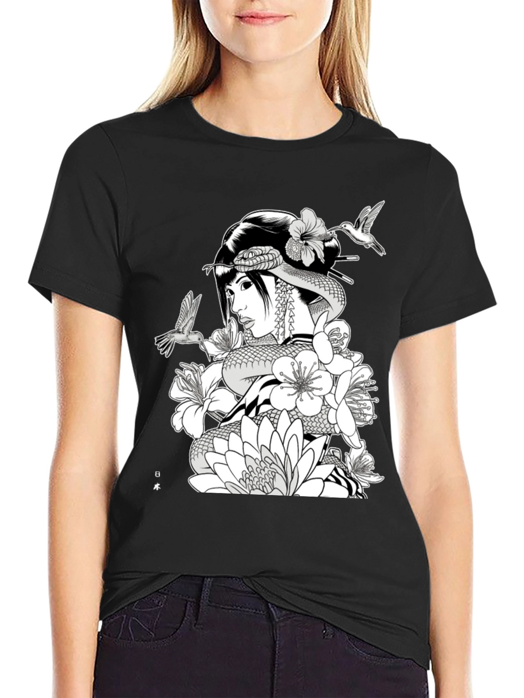 Geisha Snake Black T-Shirt - Unique Graphic Tee