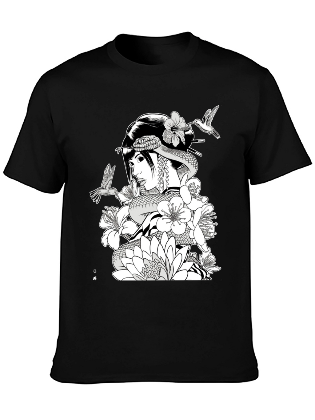 Geisha Snake Black T-Shirt - Unique Graphic Tee