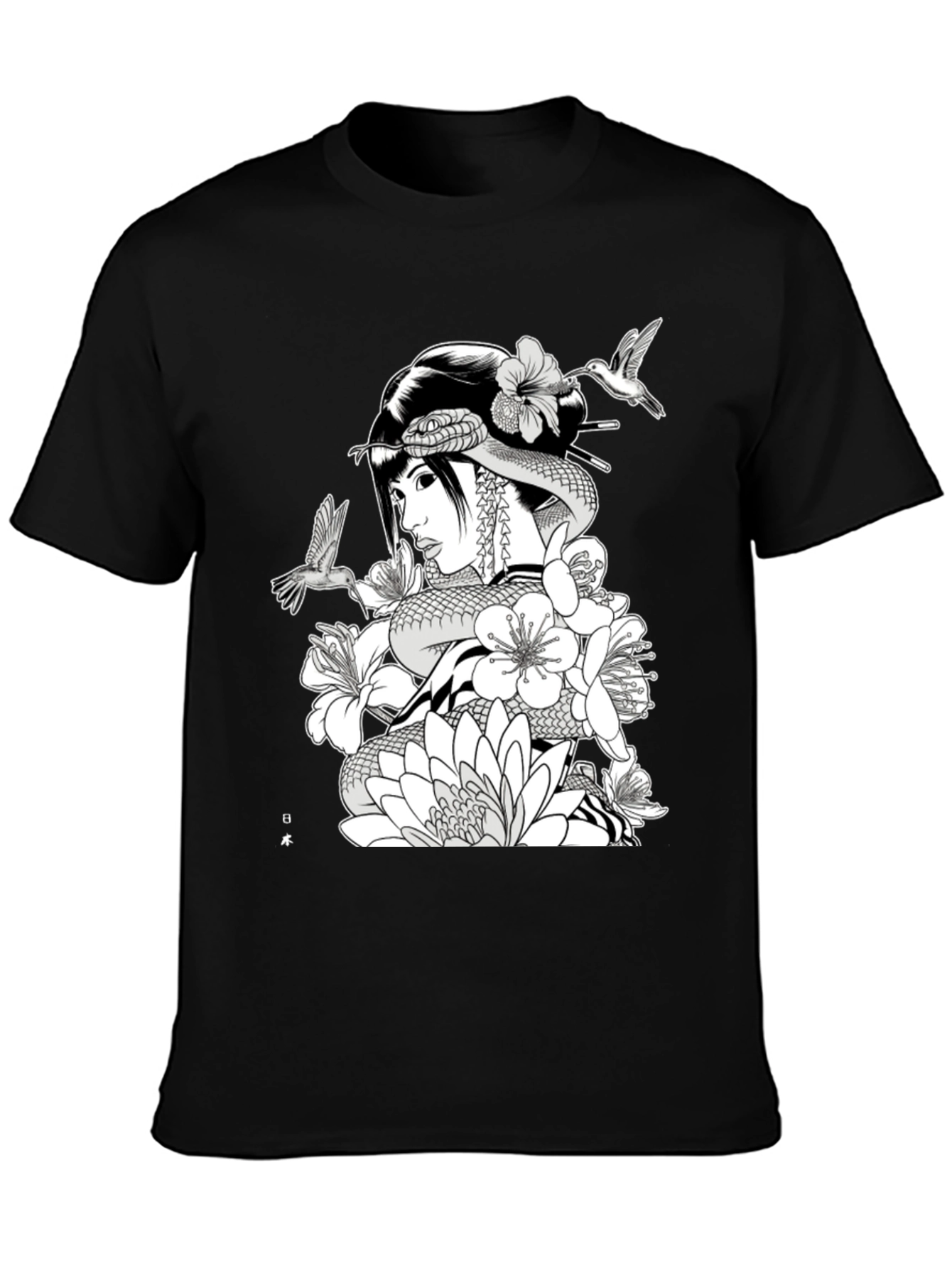 Geisha Snake Black T-Shirt - Unique Graphic Tee