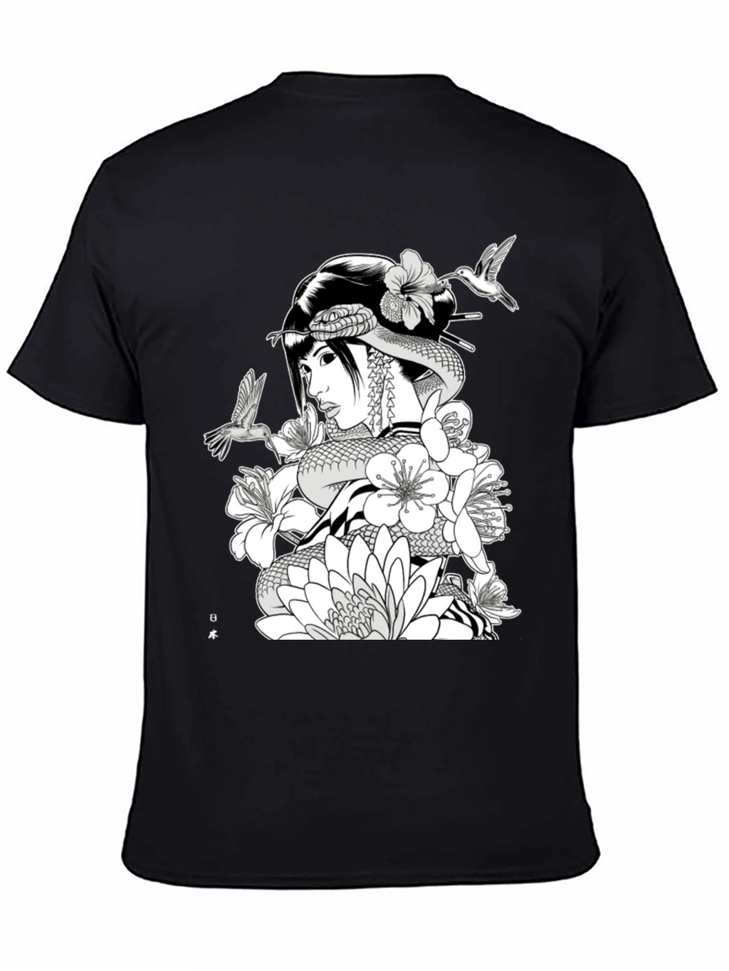 Geisha Snake Black T-Shirt - Unique Graphic Tee