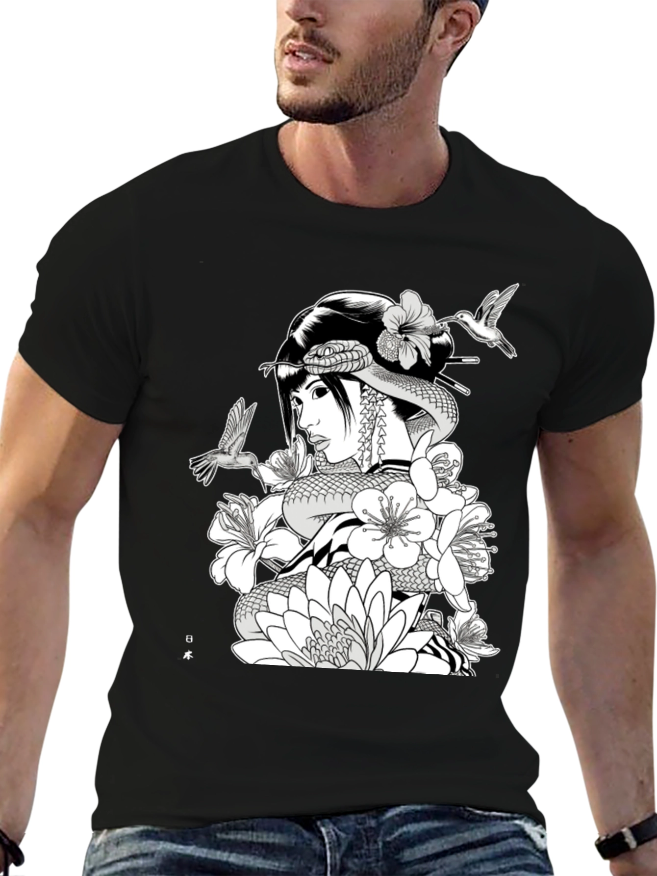 Geisha Snake Black T-Shirt - Unique Graphic Tee