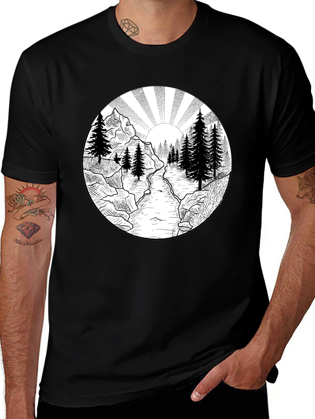 Nature Scene Graphic Tee - Black Cotton T-Shirt
