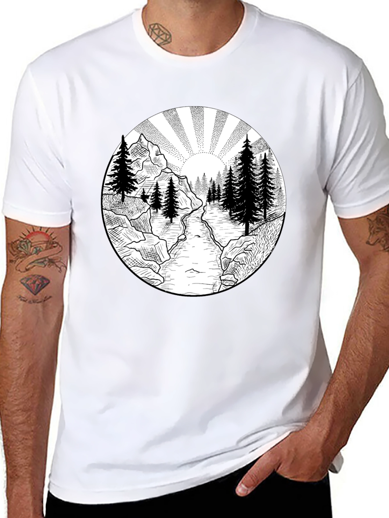 Nature Scene Graphic Tee - Black Cotton T-Shirt
