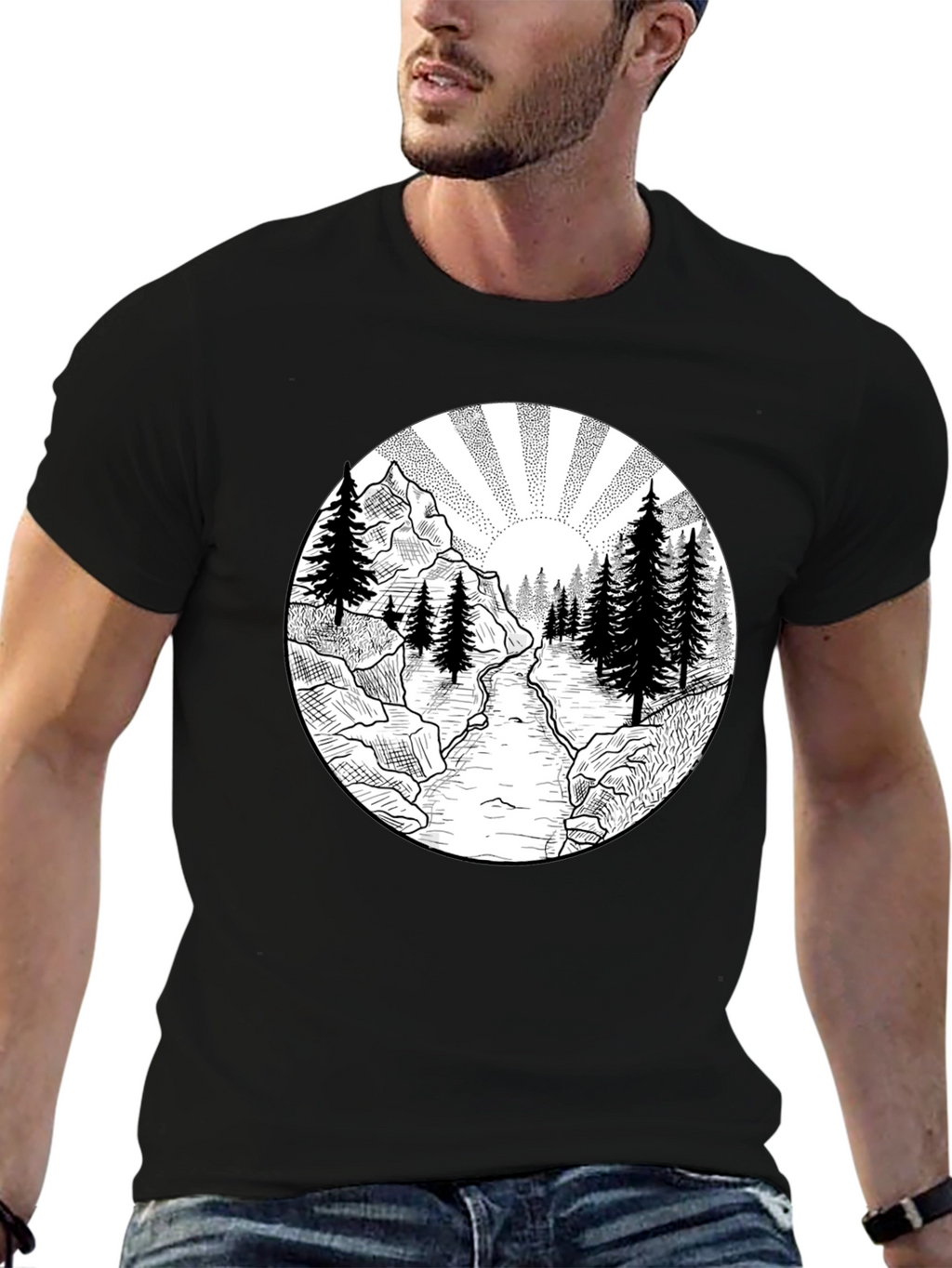 Nature Scene Graphic Tee - Black Cotton T-Shirt