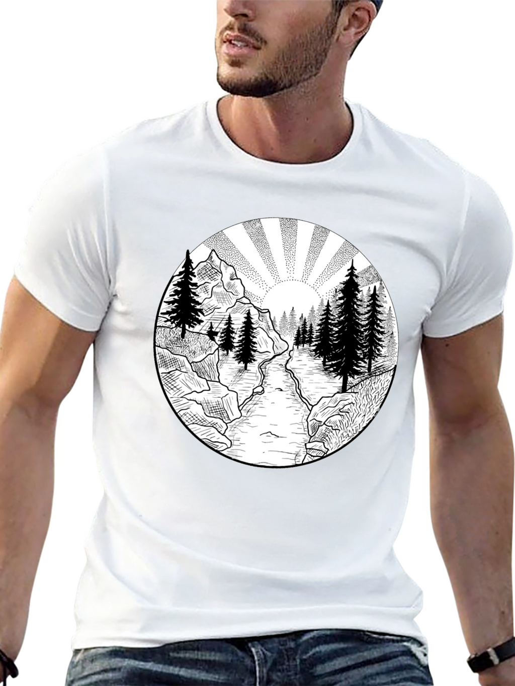 Nature Scene Graphic Tee - Black Cotton T-Shirt