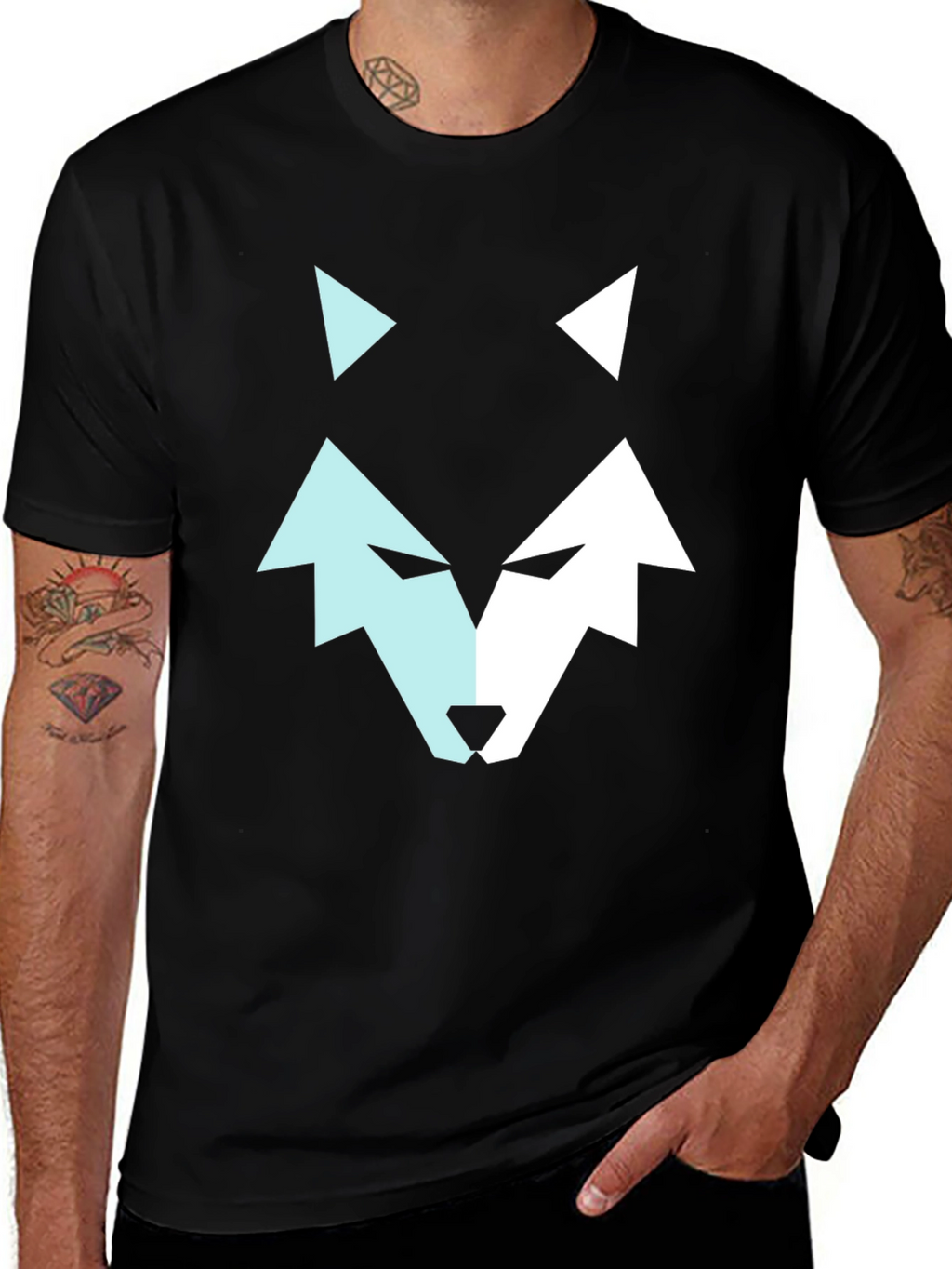 Geometric Wolf Graphic Tee - Modern Mens Black T-Shirt
