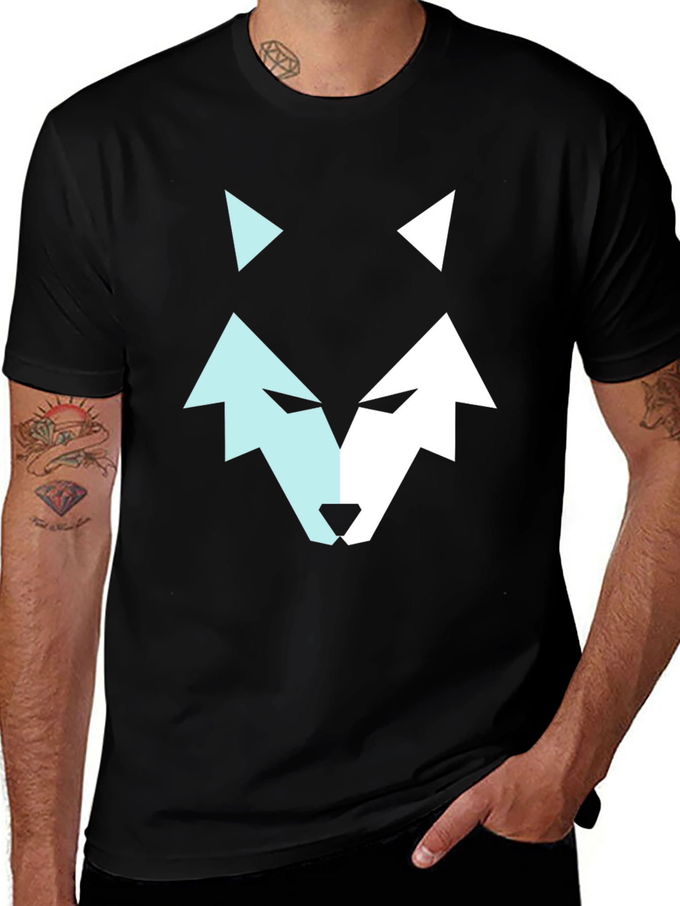 Geometric Wolf Graphic Tee - Modern Mens Black T-Shirt