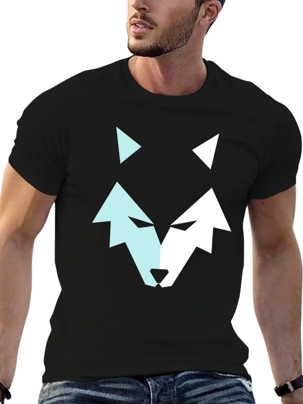 Geometric Wolf Graphic Tee - Modern Mens Black T-Shirt