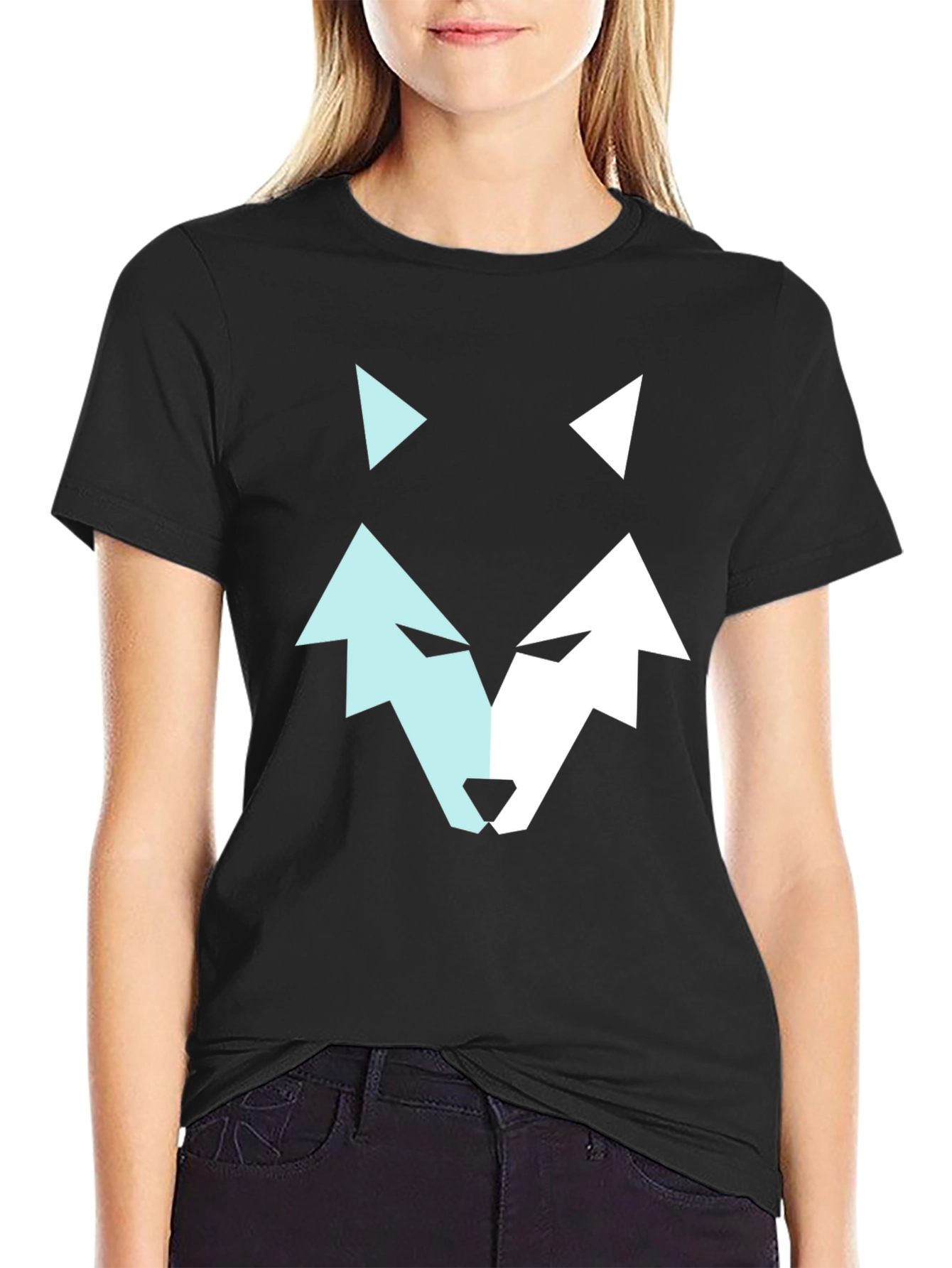 Geometric Wolf Graphic Tee - Modern Mens Black T-Shirt