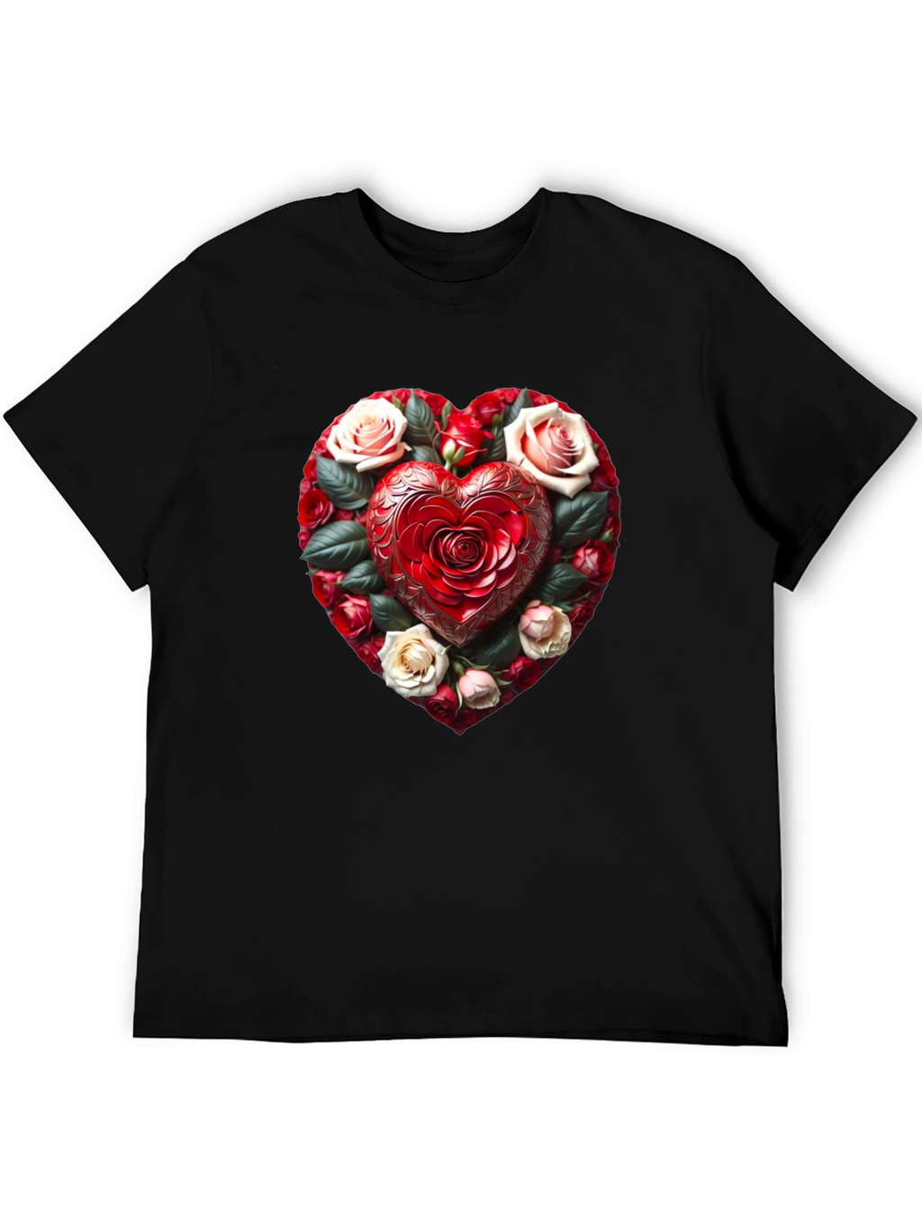 Romantic Rose Heart Graphic Black T-Shirt