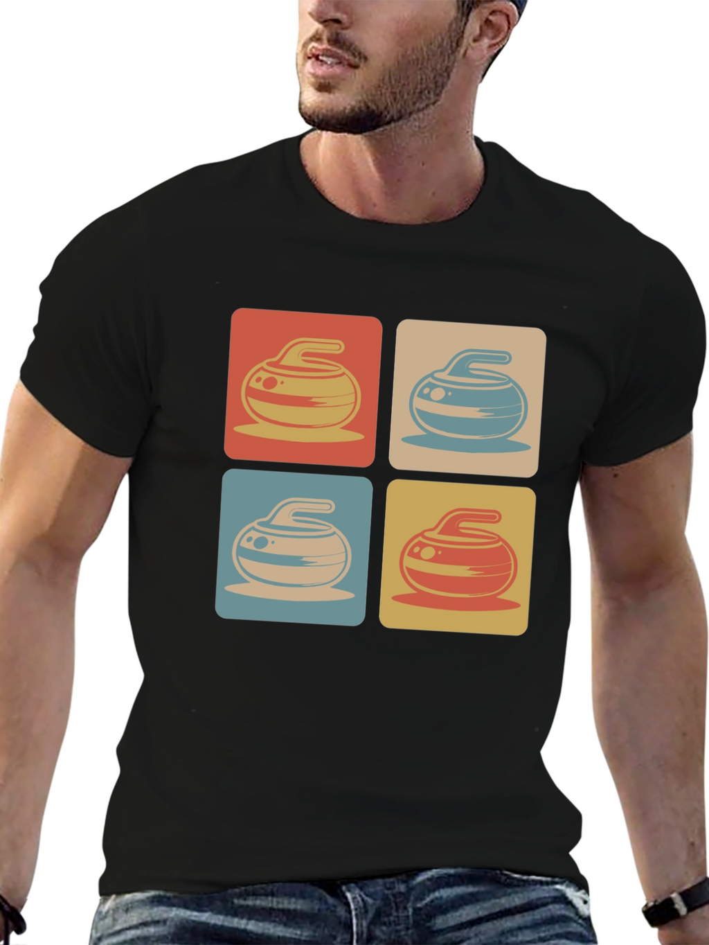 Retro Curling Rock Pattern Tee