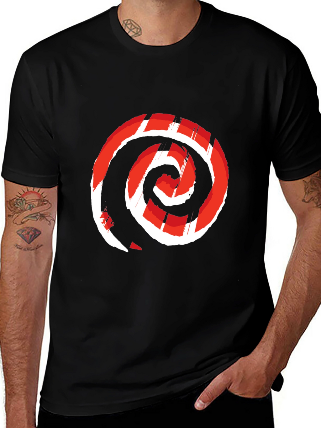 Red Swirl Graphic Print Black Tee