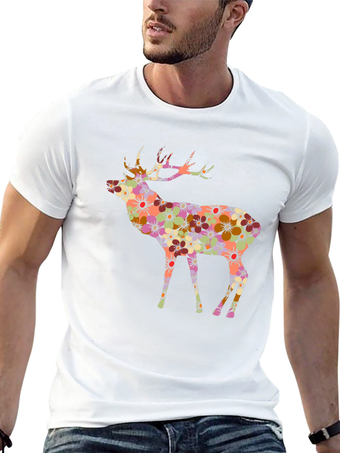 Floral Deer Graphic Black T-Shirt