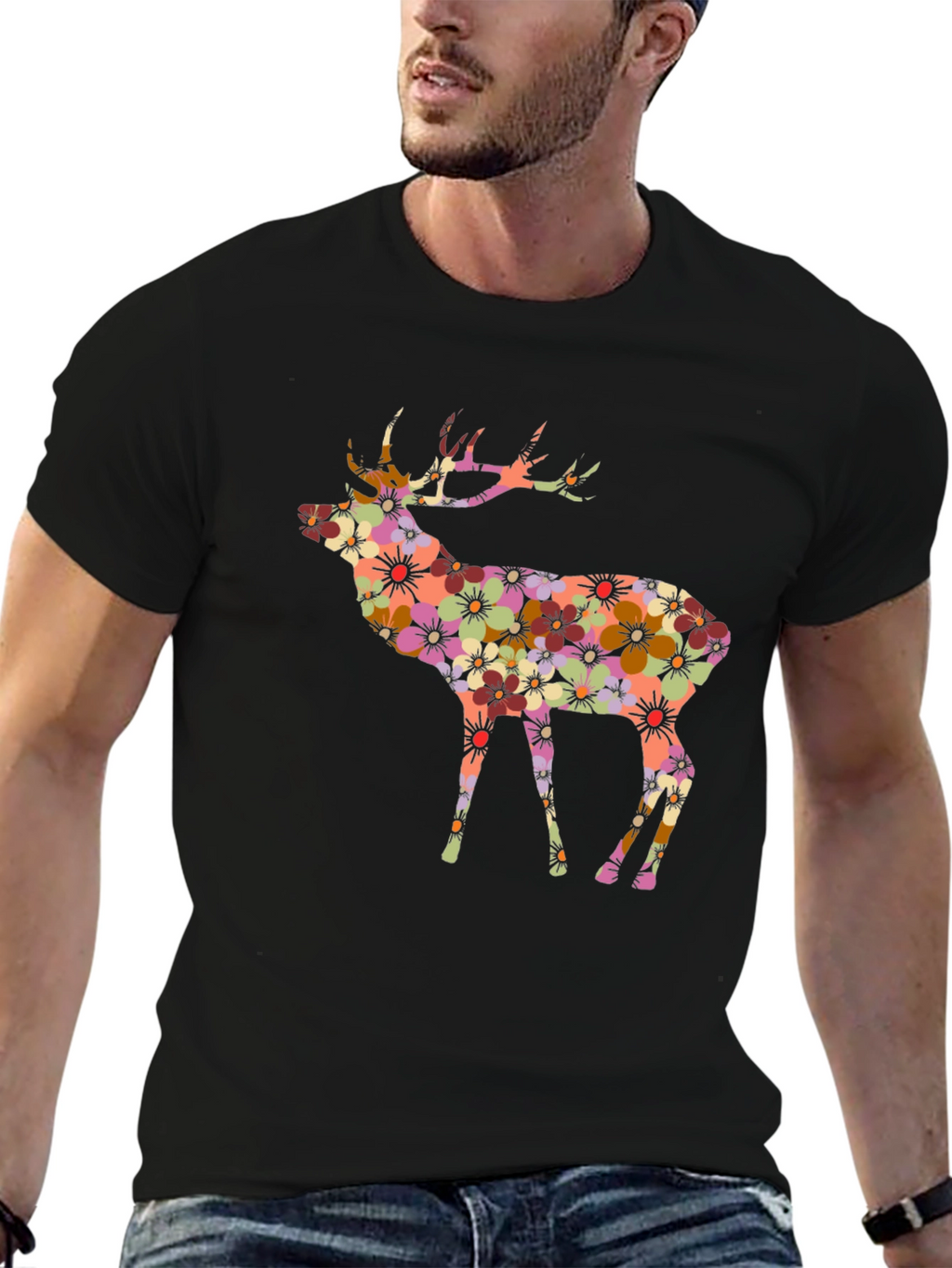 Floral Deer Graphic Black T-Shirt