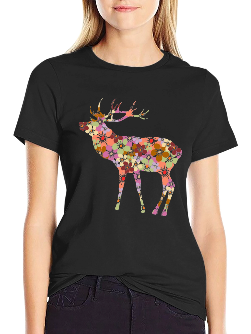 Floral Deer Graphic Black T-Shirt