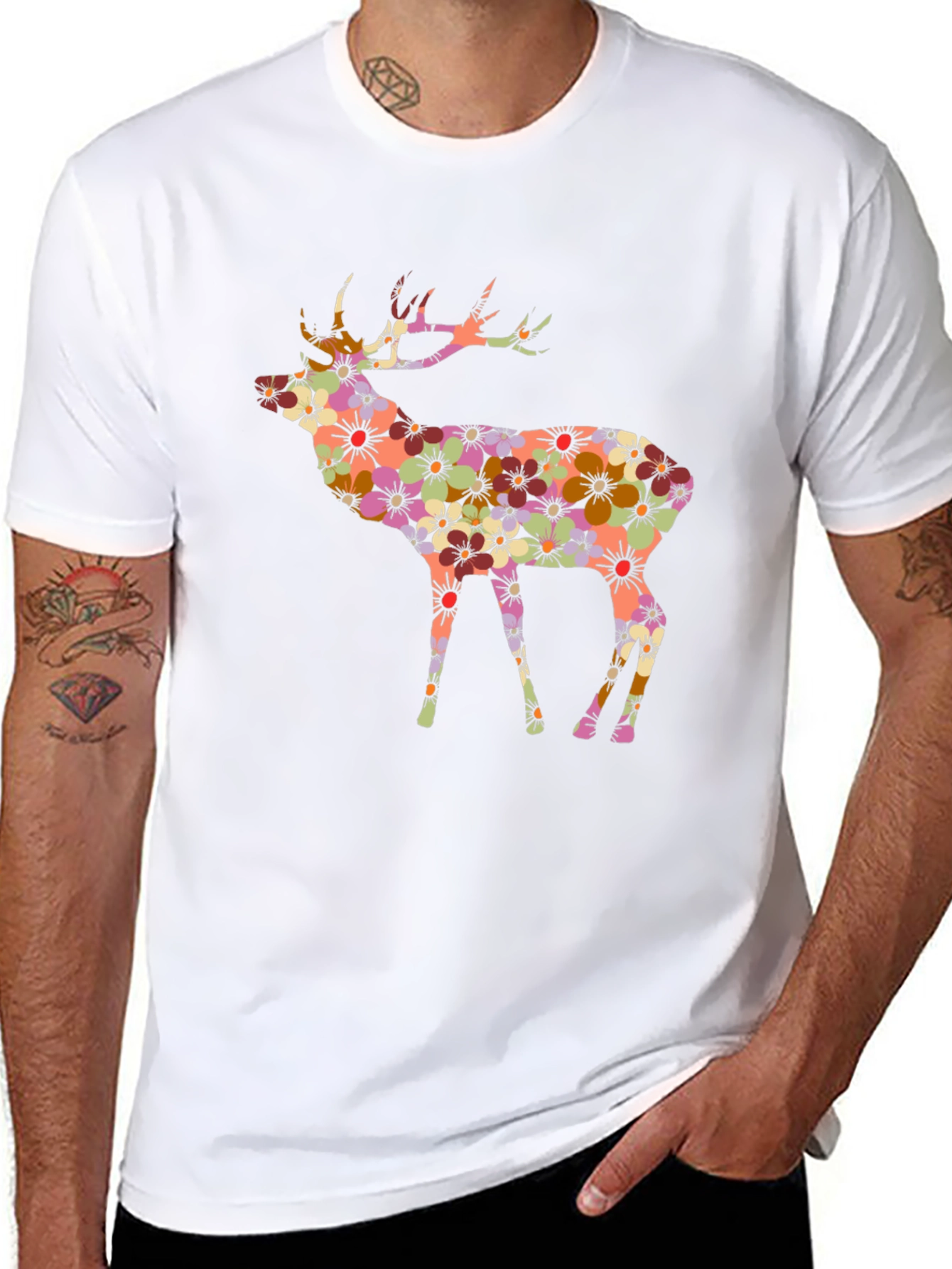 Floral Deer Graphic Black T-Shirt