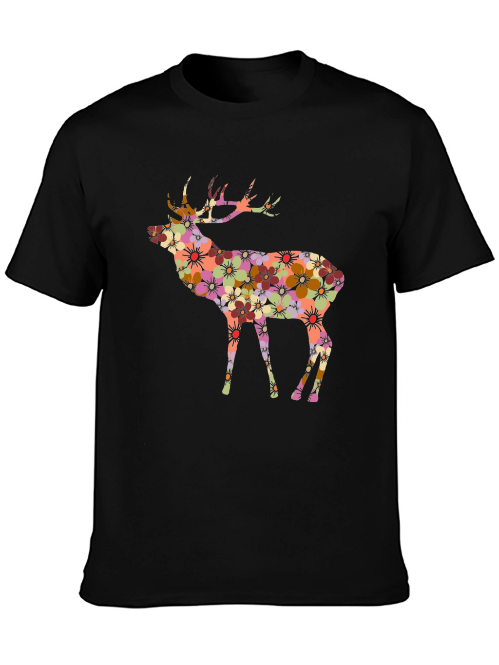 Floral Deer Graphic Black T-Shirt