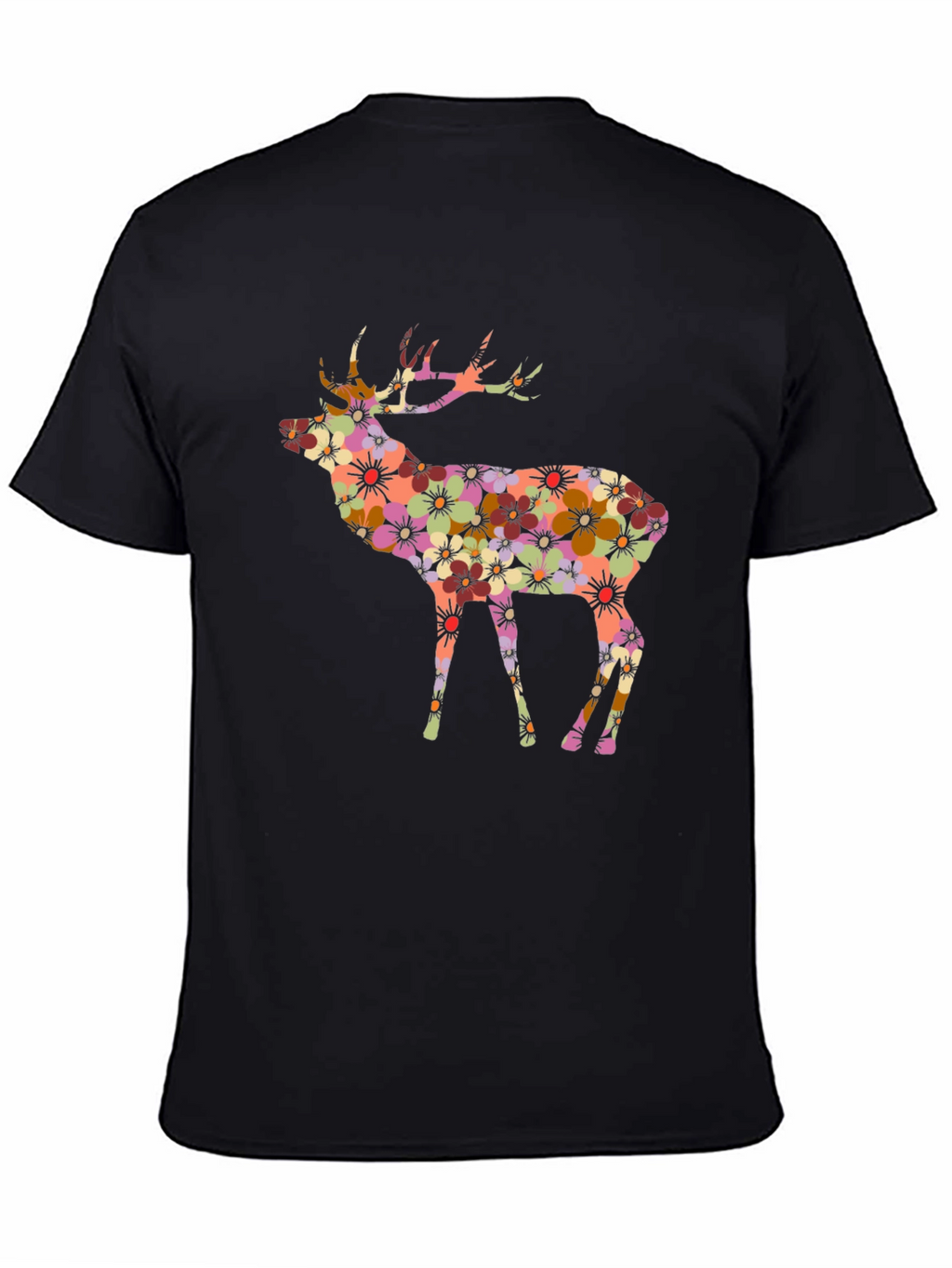 Floral Deer Graphic Black T-Shirt