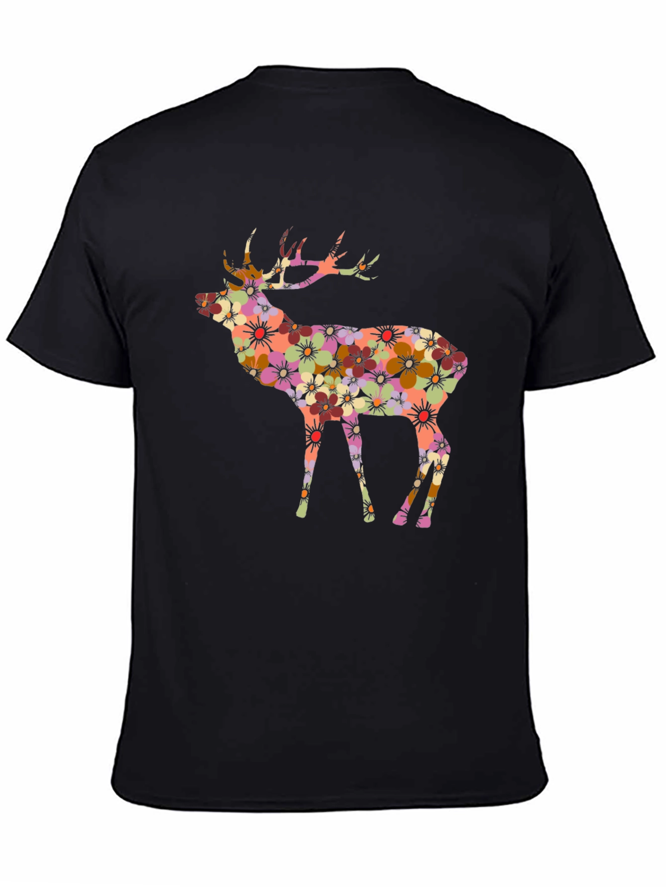 Floral Deer Graphic Black T-Shirt