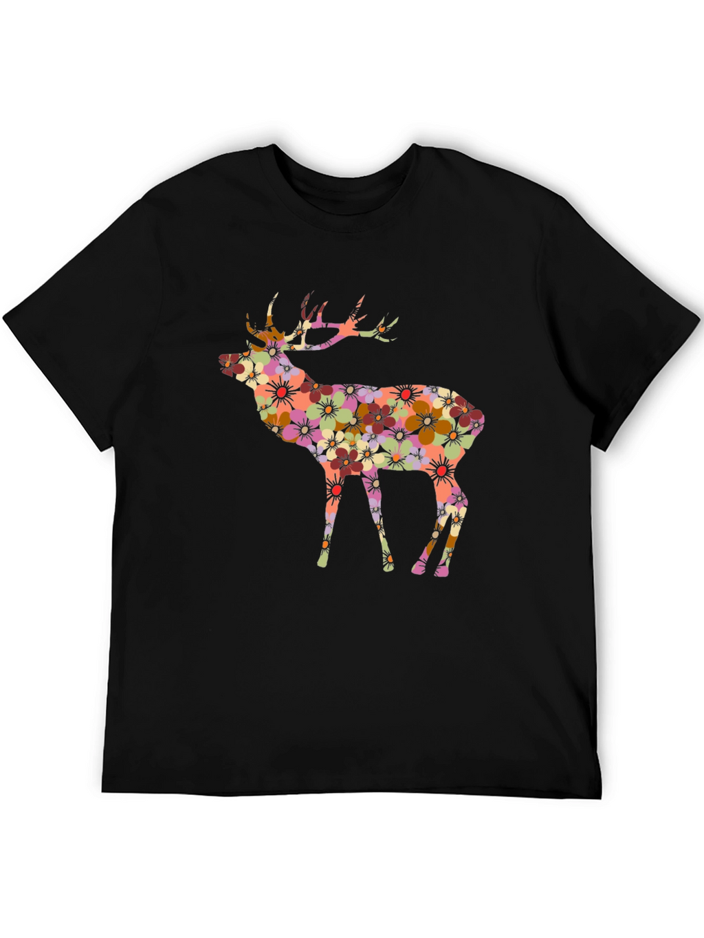 Floral Deer Graphic Black T-Shirt