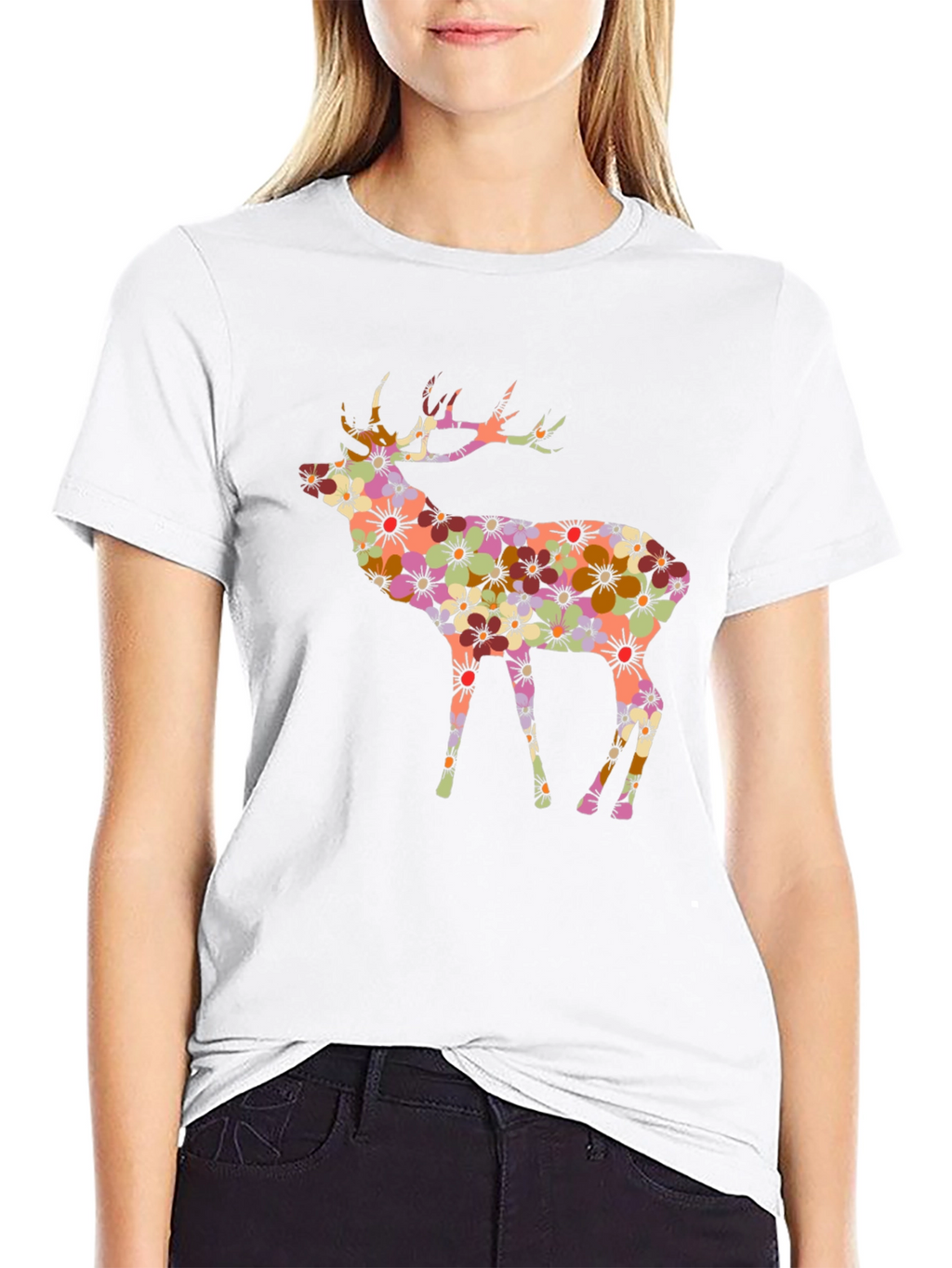 Floral Deer Graphic Black T-Shirt